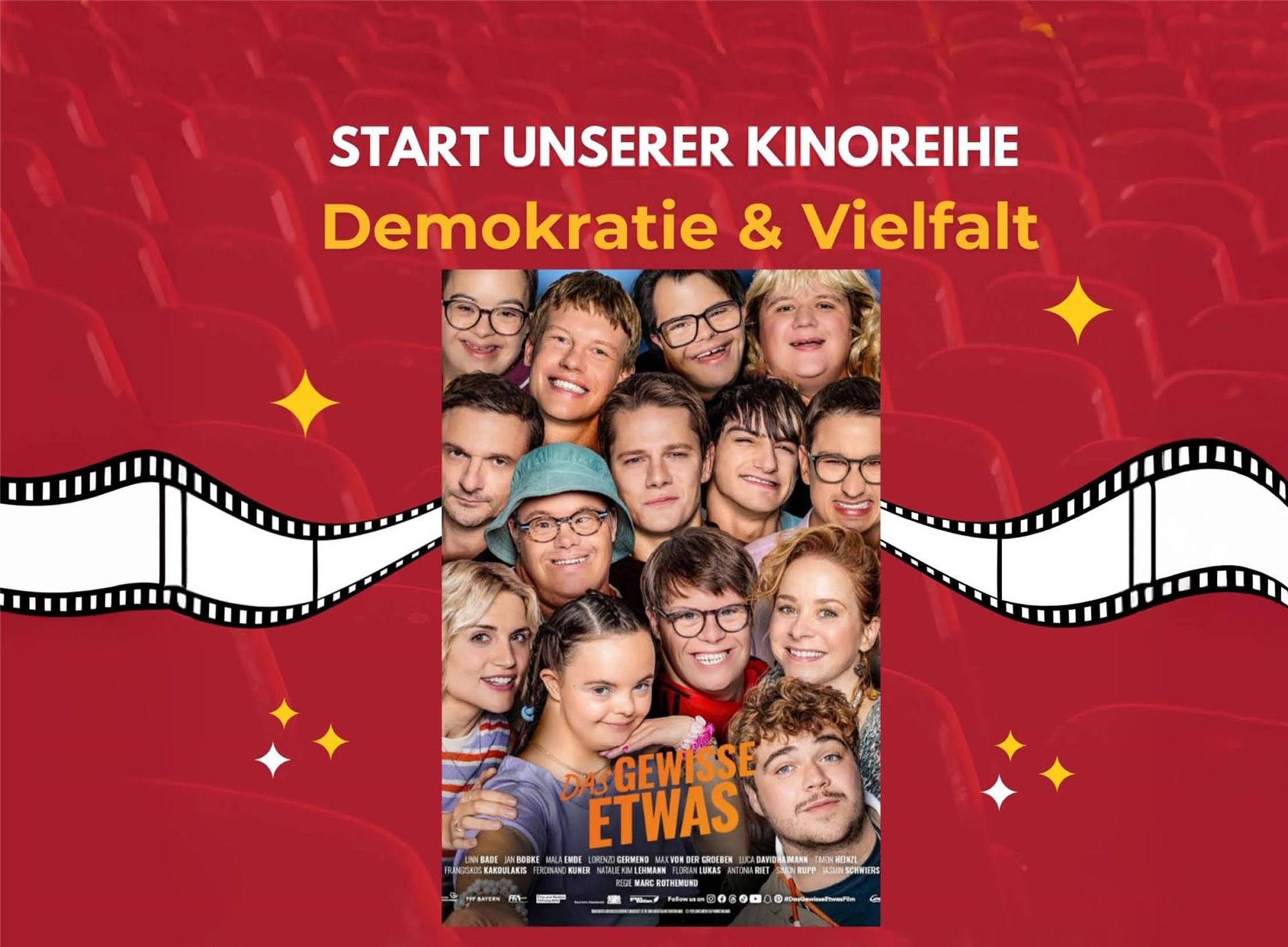 Grafik zur Kinoreihe „Demokratie & Vielfalt“ mit rotem Kinosaal-Hintergrund, Filmstreifen und dem Filmplakat „Das gewisse Etwas“ als Auftaktfilm der Veranstaltungsreihe.
