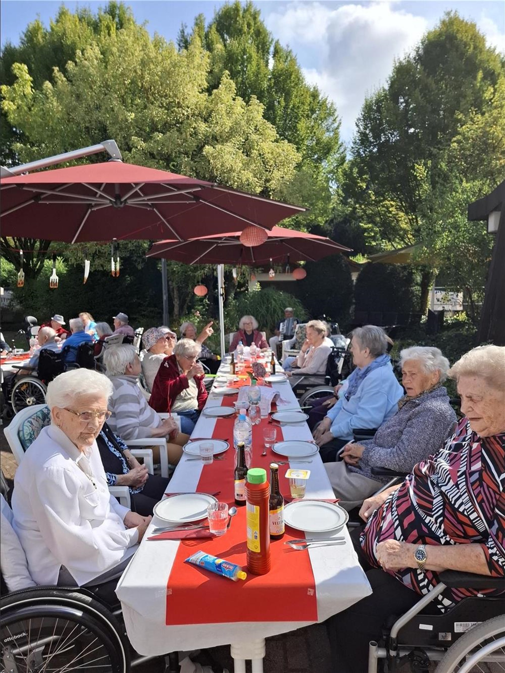 Senioren sitzen draußen am Tisch bei einem Grillfest