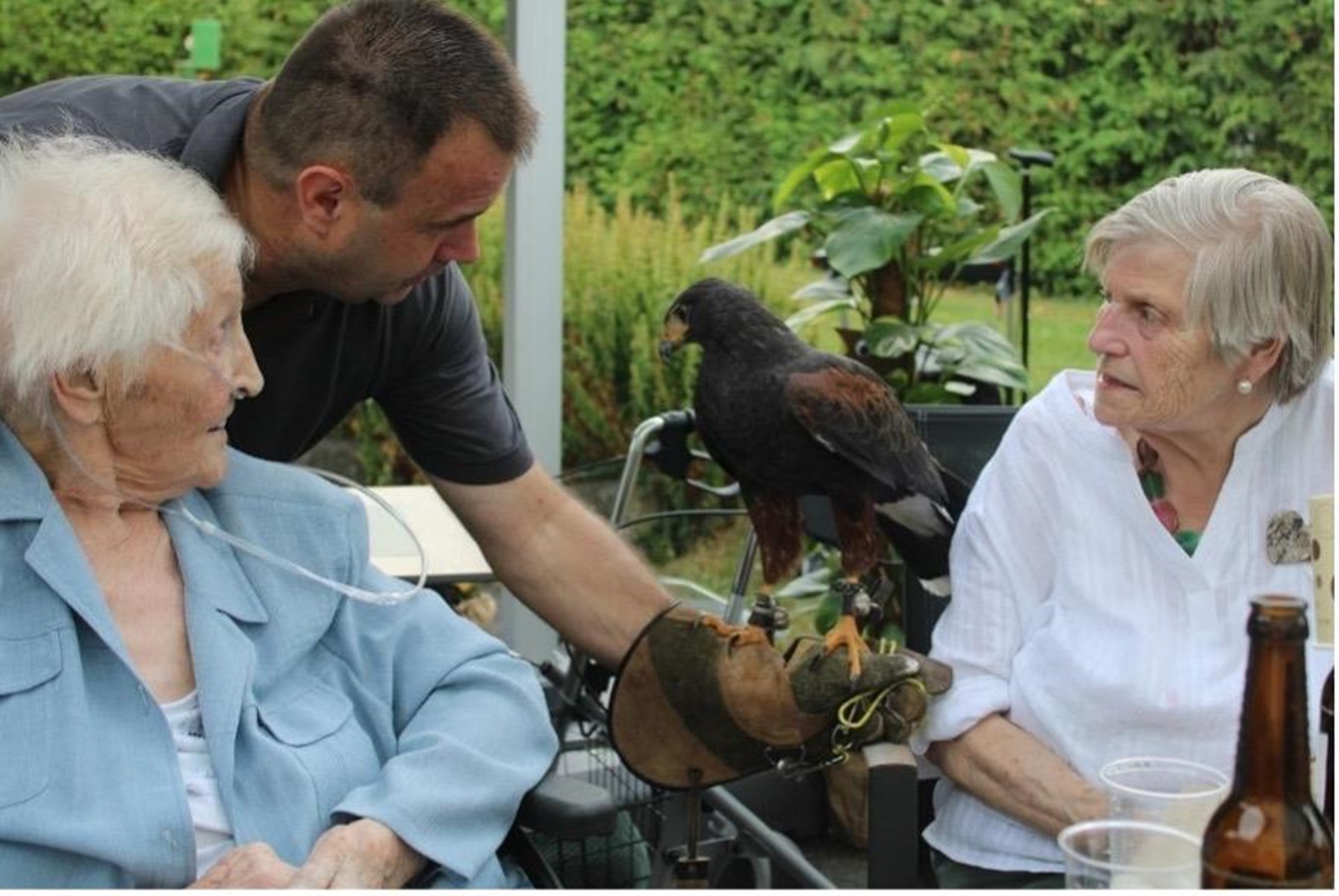 Zwei Bewohnerinnen betrachten einen Greifvogel, der während der Vorführung auf dem Handschuh des Falkners sitzt.